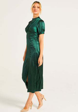 Puff Sleeve Midi Dress With Leg Slit In Dark Green - ANGELEYE