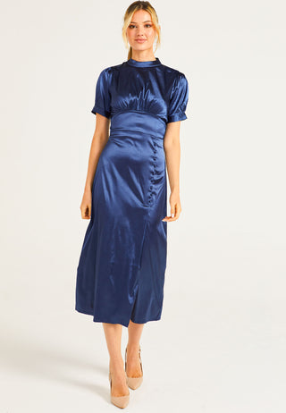 Puff Sleeve Midi Dress With Leg Slit In Navy - ANGELEYE