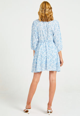 Buttoned Mini Summer Dress in Blue Ditsy Floral Print - ANGELEYE