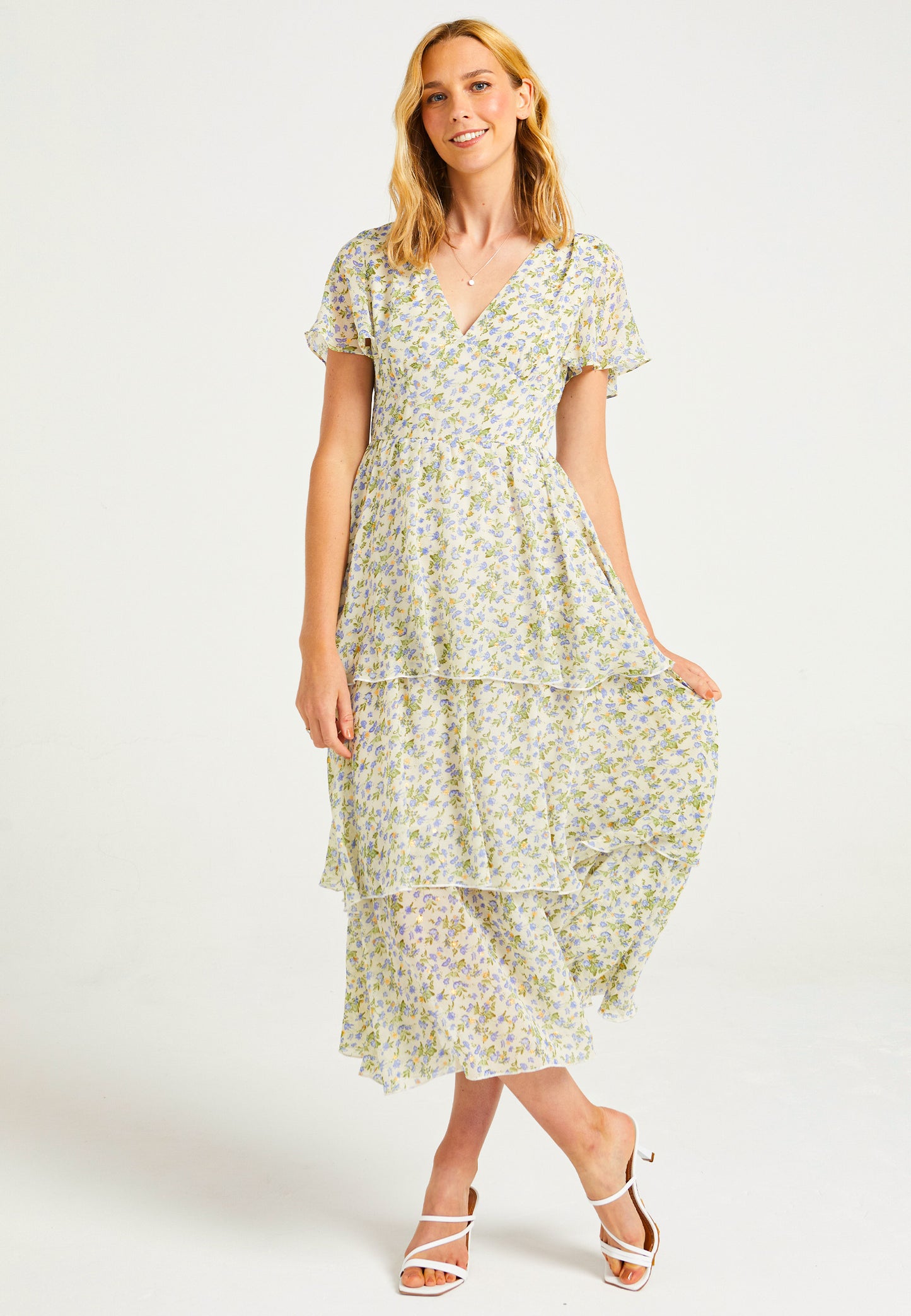 Flutter Sleeves Tiered Midaxi Dress in Ditsy Floral Print - ANGELEYE