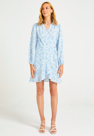 Mini Wrap Summer Dress in Blue Ditsy Floral Print - ANGELEYE