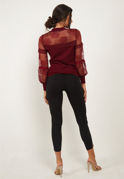 Lace Long Sleeved Knitted Top in Burgundy - ANGELEYE