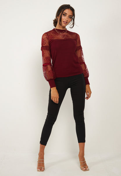 Lace Long Sleeved Knitted Top in Burgundy - ANGELEYE