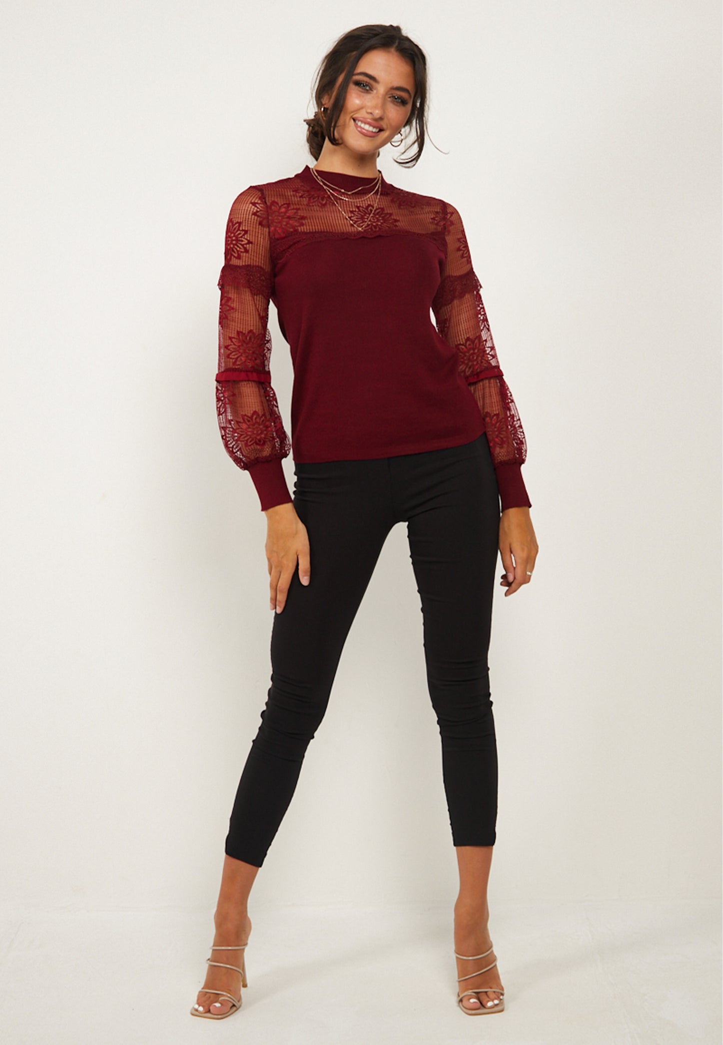 Lace Long Sleeved Knitted Top in Burgundy