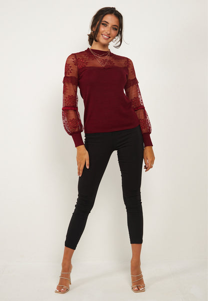 Lace Long Sleeved Knitted Top in Burgundy - ANGELEYE