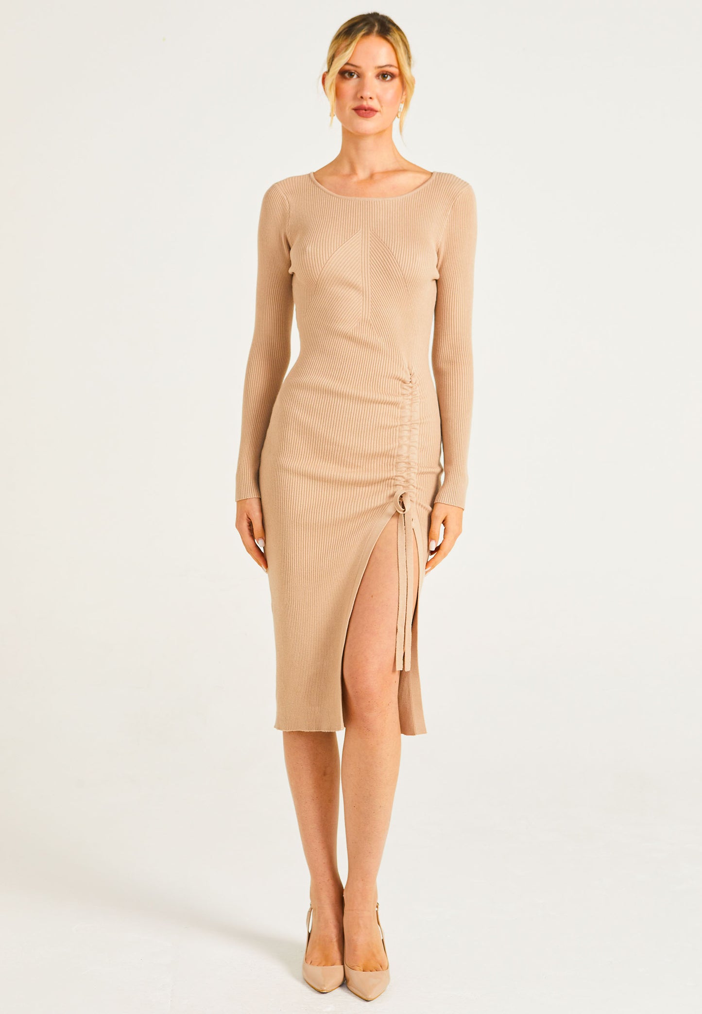 Bodycon Rib Knit Midi Dress With Leg Slit Drawstring in Beige