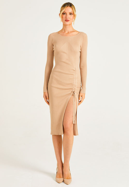 Bodycon Rib Knit Midi Dress With Leg Slit Drawstring in Beige