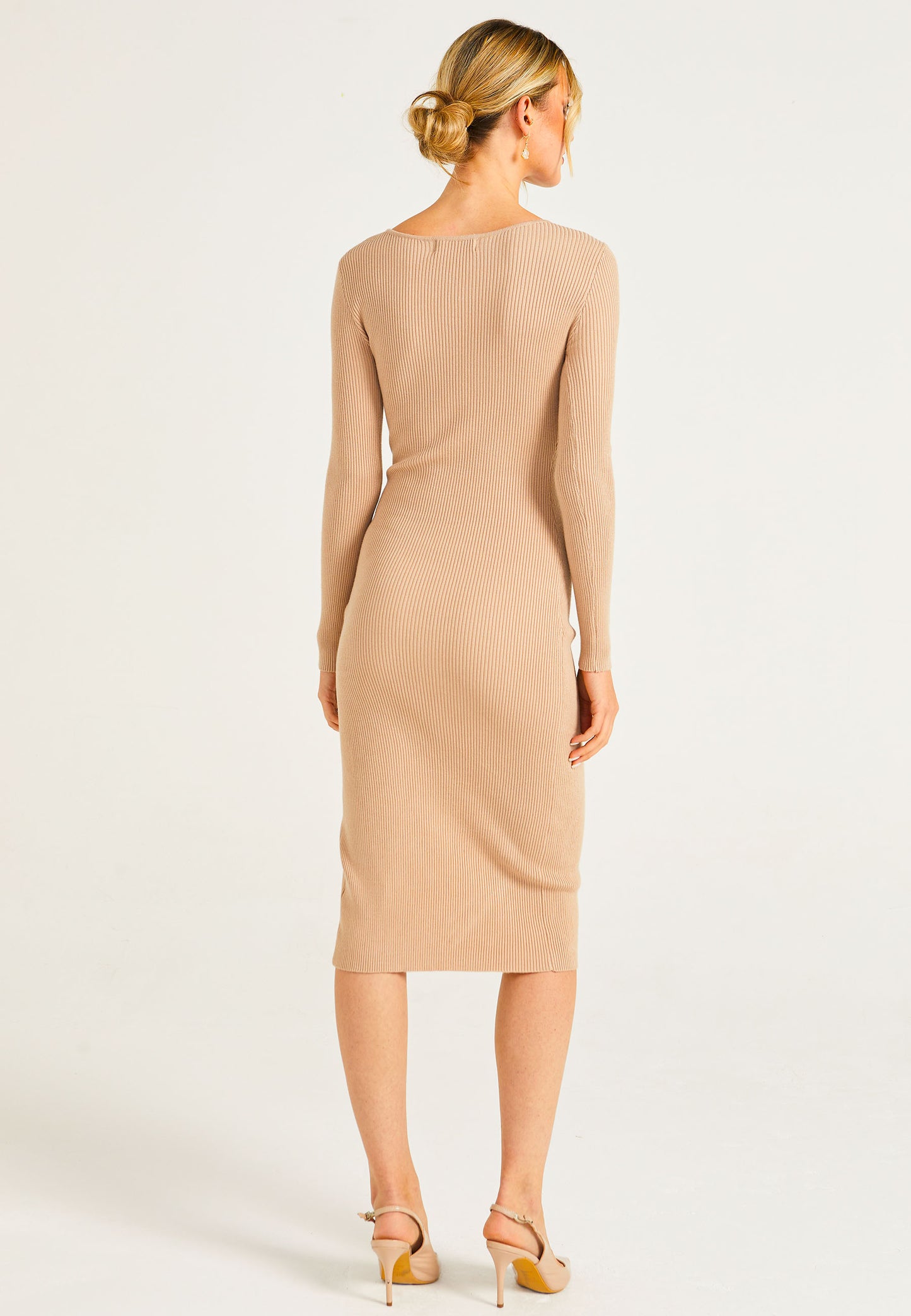 Bodycon Rib Knit Midi Dress With Leg Slit Drawstring in Beige