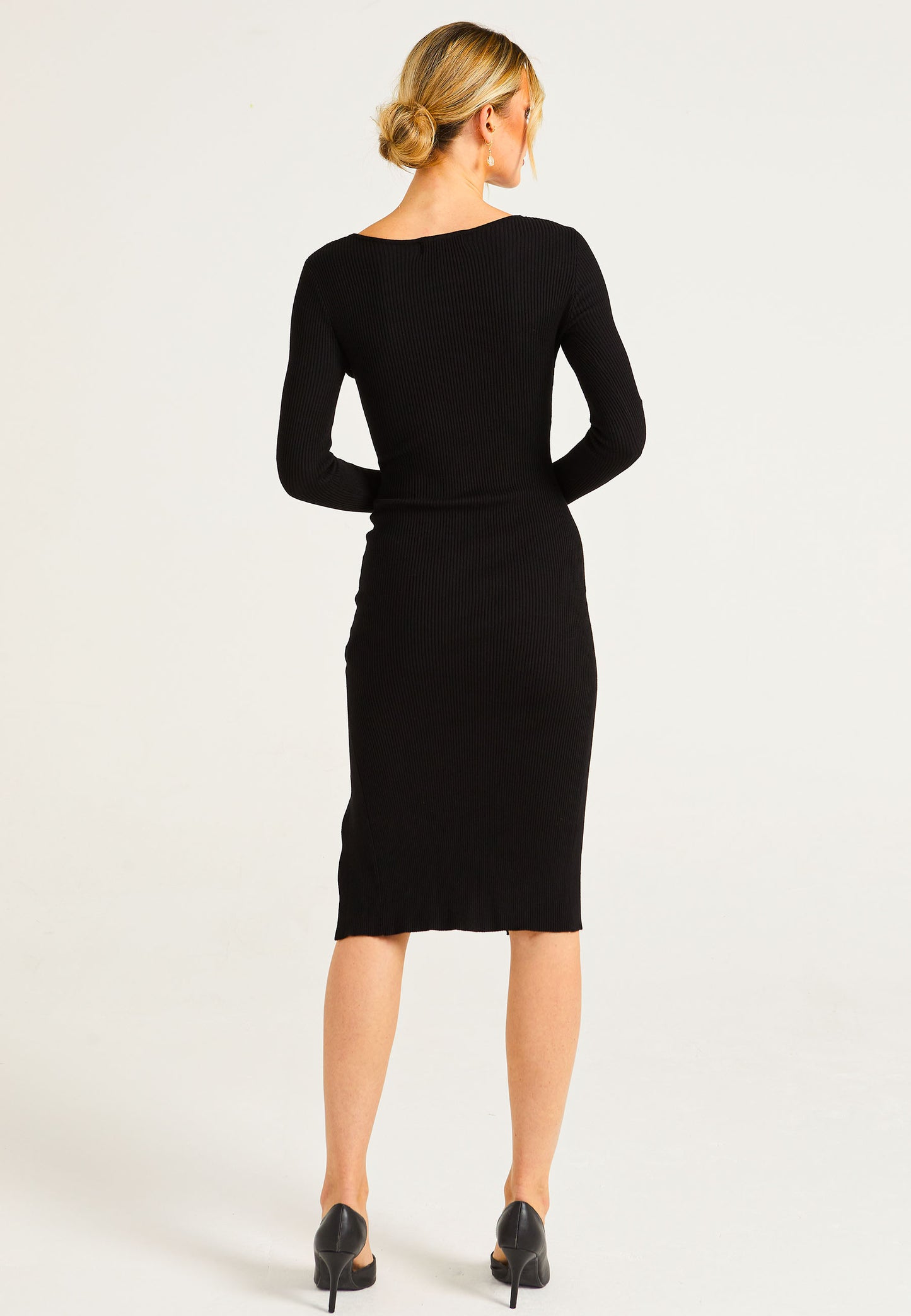 Bodycon Rib Knit Midi Dress With Leg Slit Drawstring in Black