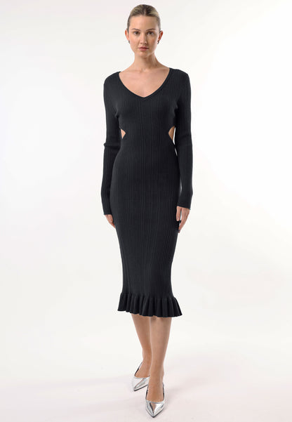 Long Sleeve Black Knit Midi Dress with Cut Outs - ANGELEYE