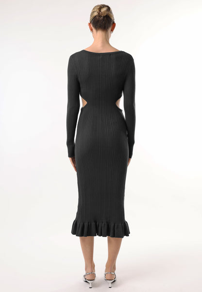 Long Sleeve Black Knit Midi Dress with Cut Outs - ANGELEYE