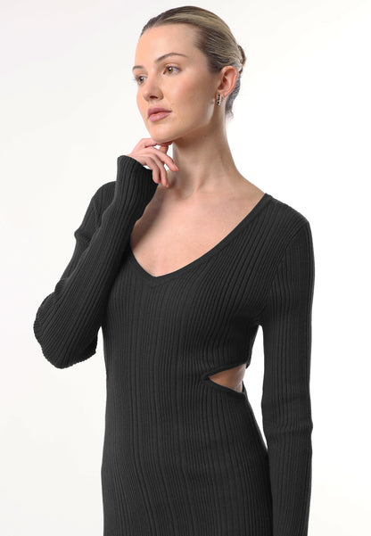 Long Sleeve Black Knit Midi Dress with Cut Outs - ANGELEYE