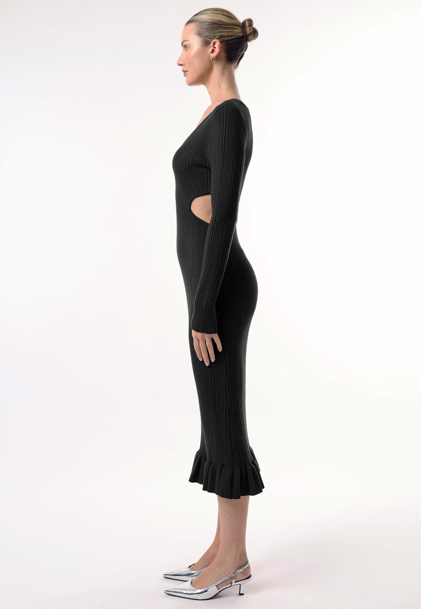 Long Sleeve Black Knit Midi Dress with Cut Outs