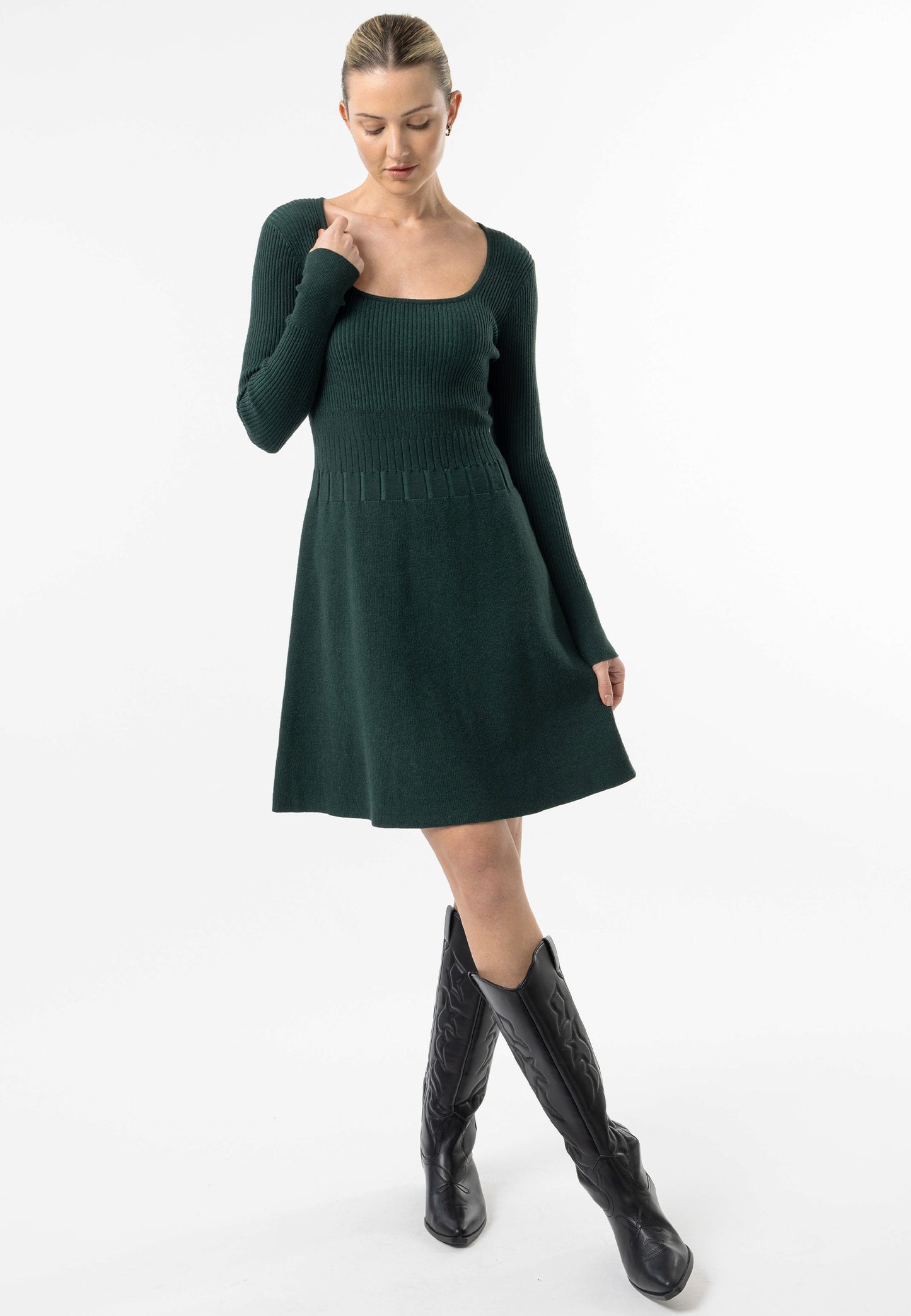 Square Neck A-Line Mini Dress in Emerald Green