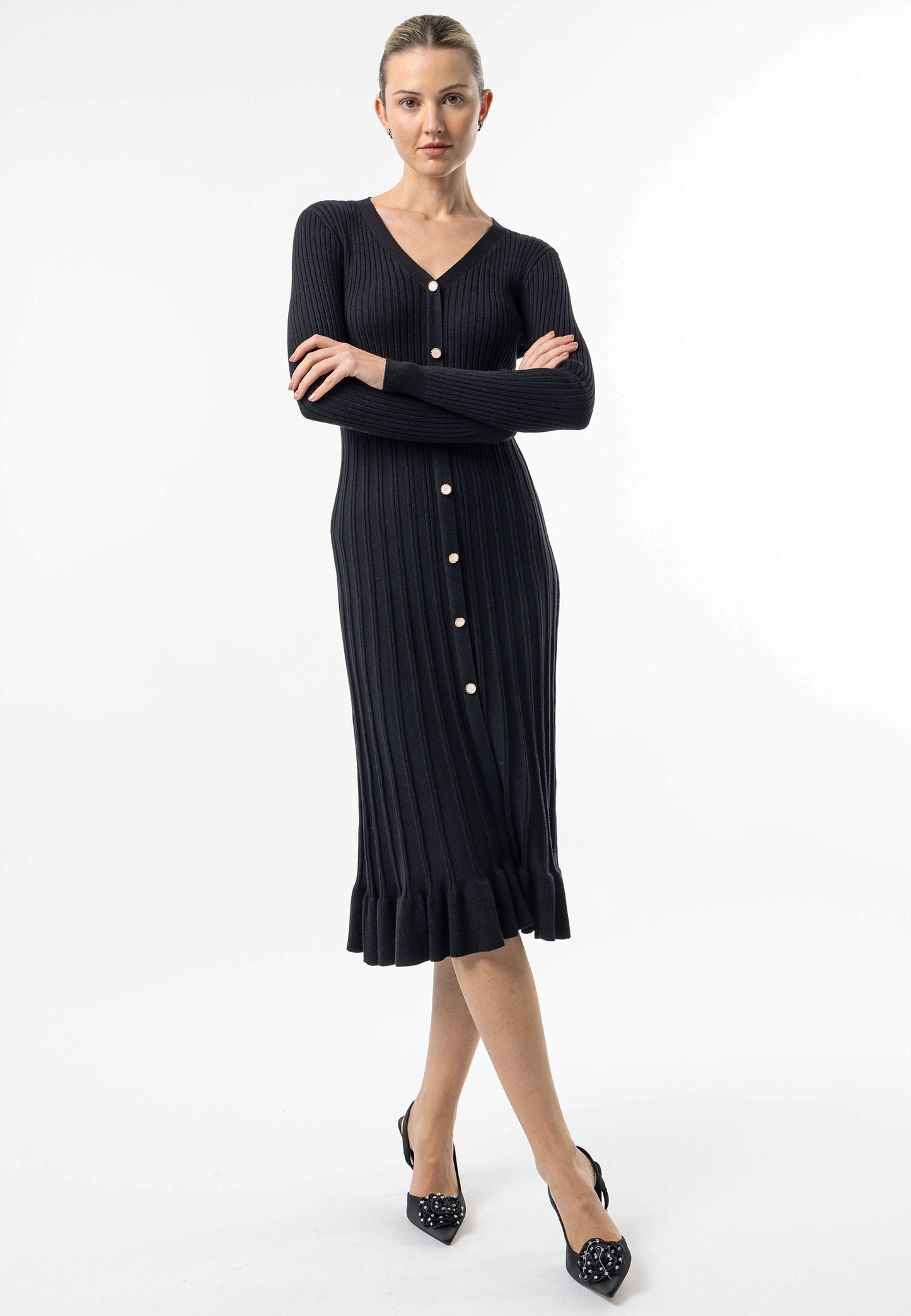 Black Knit Button Midi Dress with Ruffle Hem