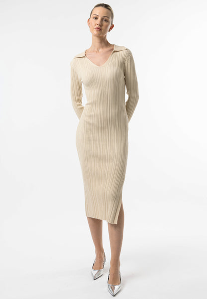 Collared Knit Midi Dress in Cream - ANGELEYE