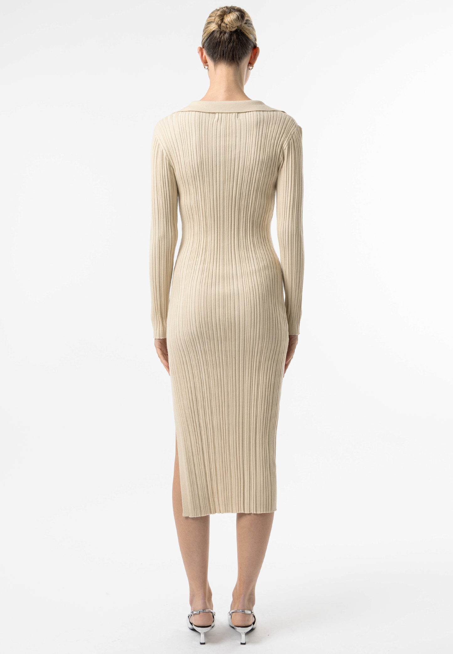 Collared Knit Midi Dress in Cream