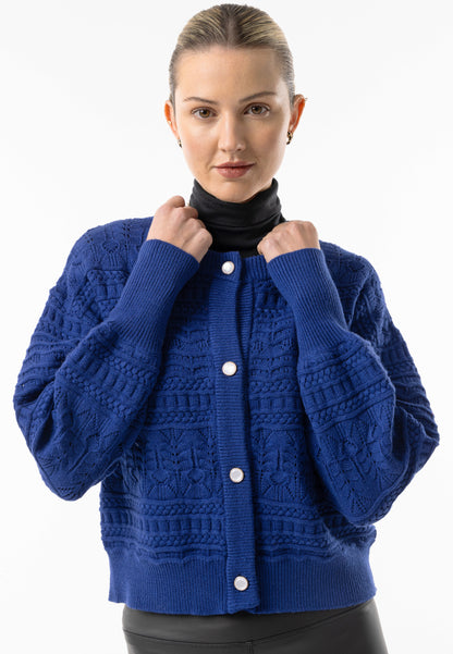 Cable Knit Crew Button Cardigan in Navy - ANGELEYE