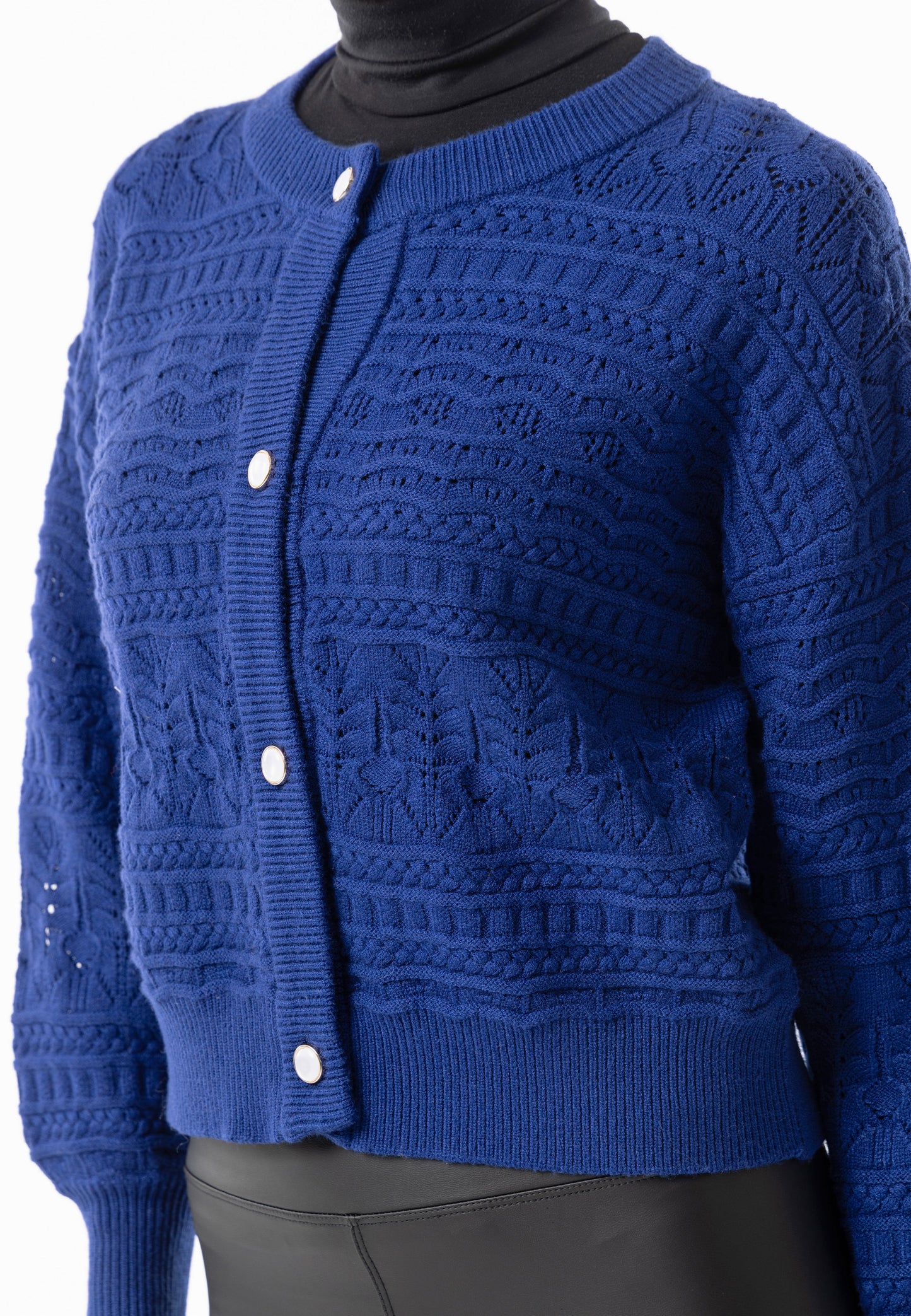 Cable Knit Crew Button Cardigan in Navy