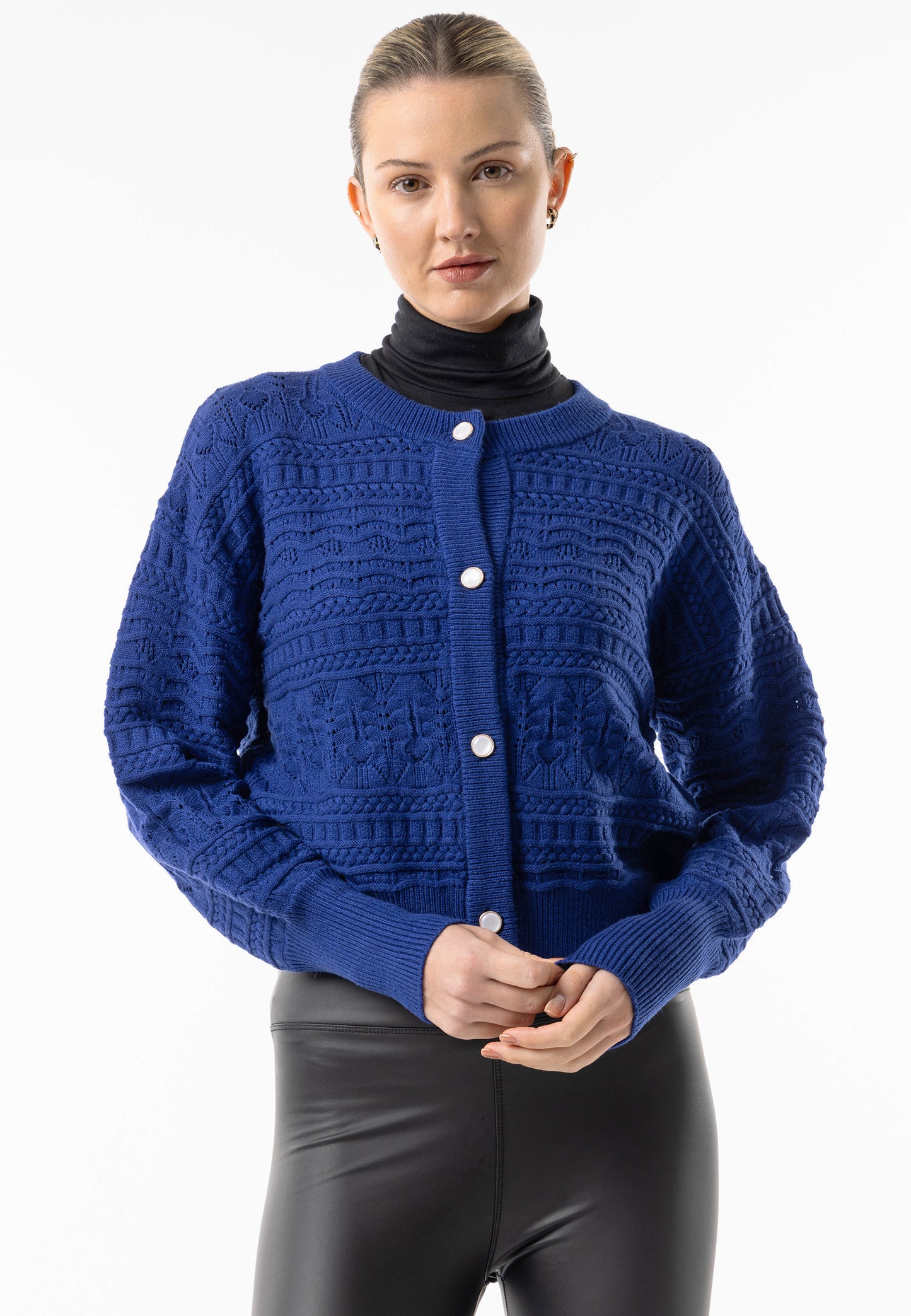 Cable Knit Crew Button Cardigan in Navy