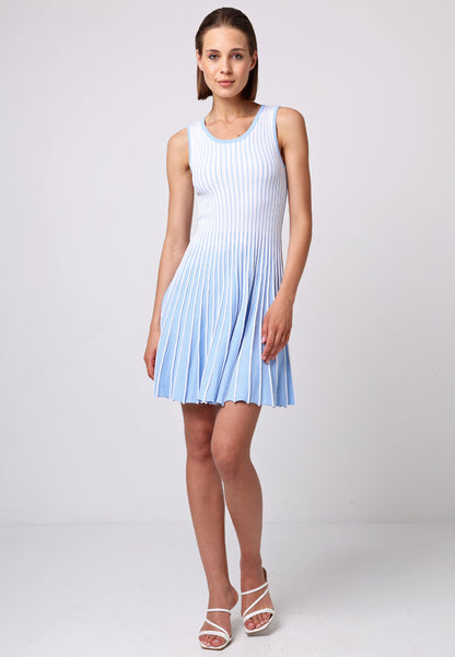 Striped Fit and Flare Sleeveless Mini Dress in White and Light Blue