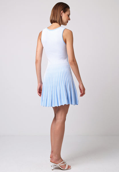 Striped Fit and Flare Sleeveless Mini Dress in White and Light Blue