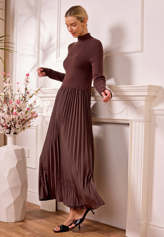Knit Top and Pleated Skirt Maxi Dress in Brown