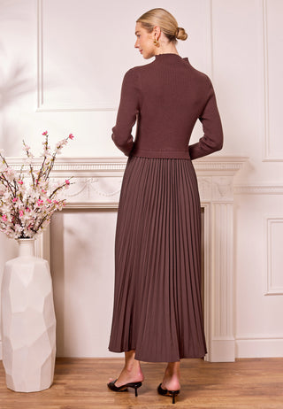 Knit Top and Pleated Skirt Maxi Dress in Brown