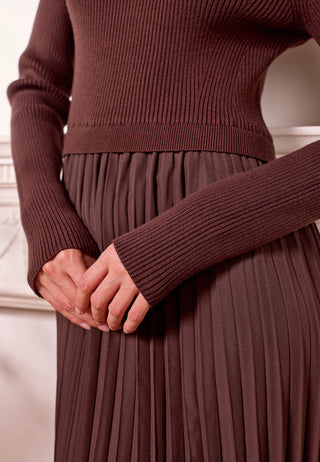 Knit Top and Pleated Skirt Maxi Dress in Brown