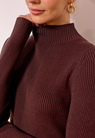 Knit Top and Pleated Skirt Maxi Dress in Brown