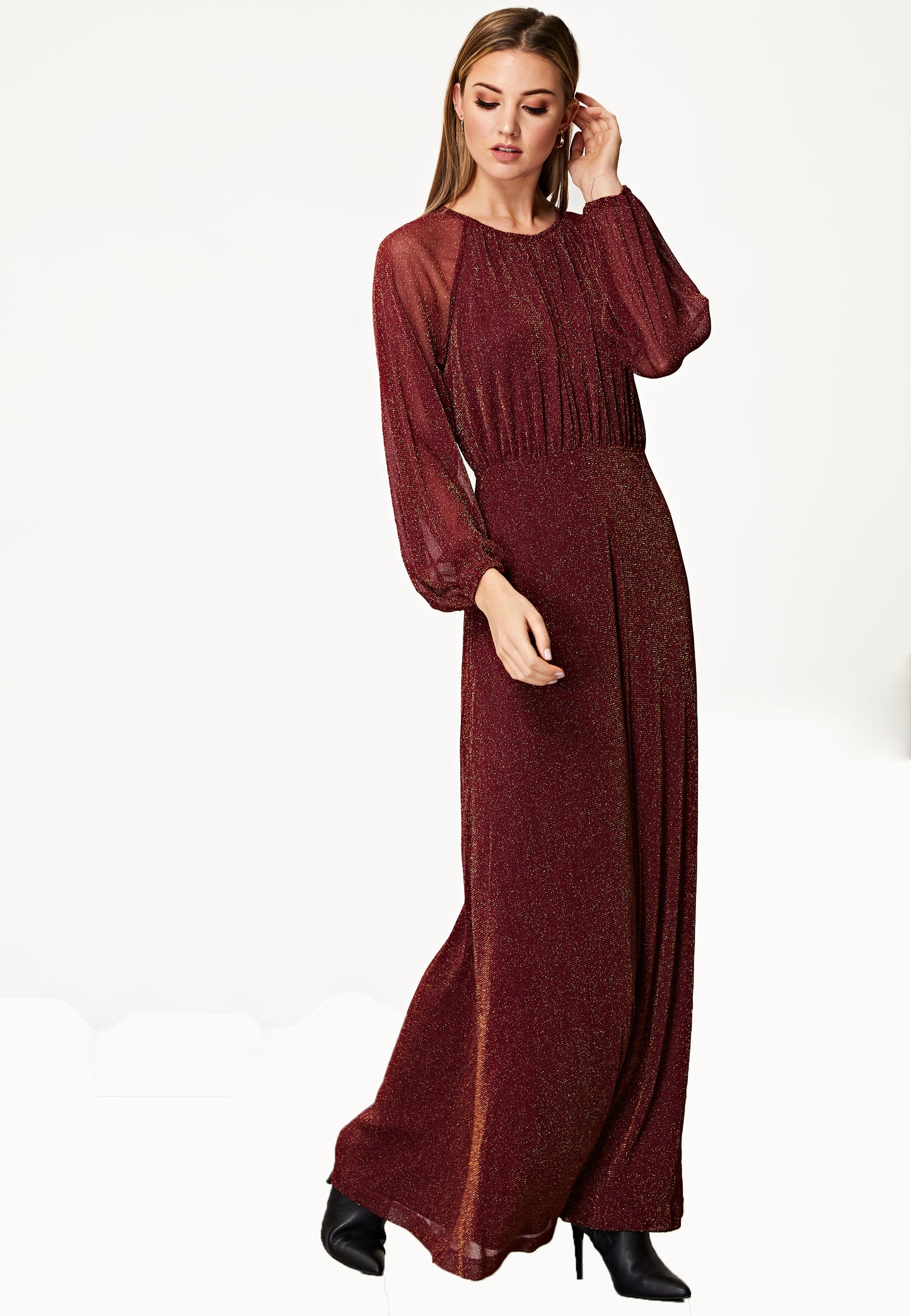 Long Sleeve Chiffon Maxi Dress Gold Lurex Flecking in Burgundy - ANGELEYE