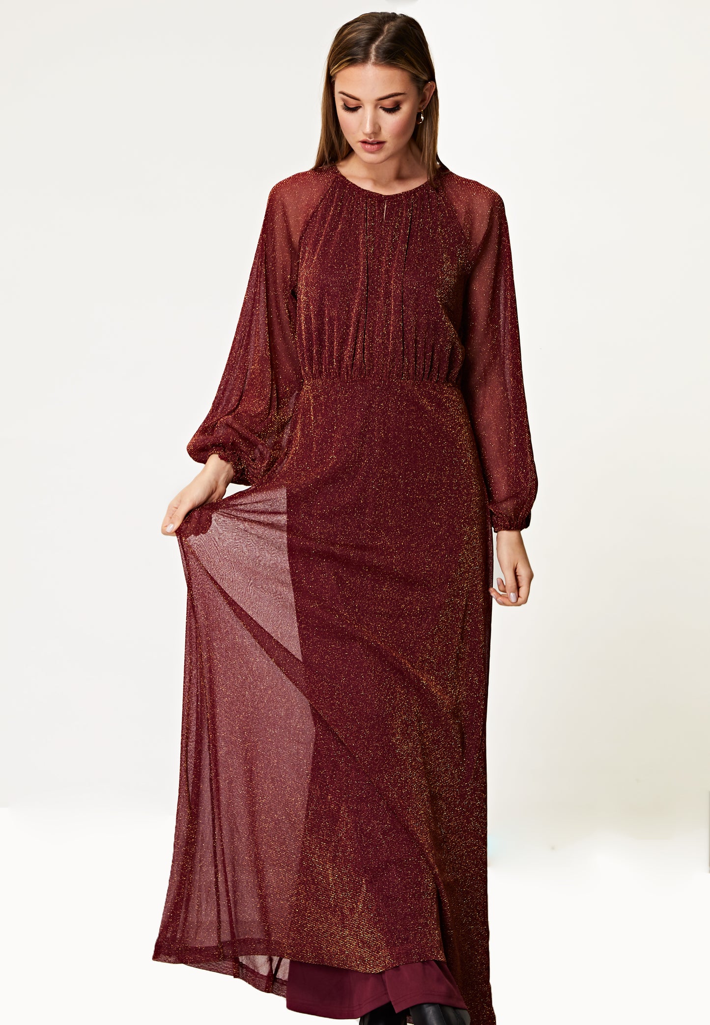 Long Sleeve Chiffon Maxi Dress Gold Lurex Flecking in Burgundy