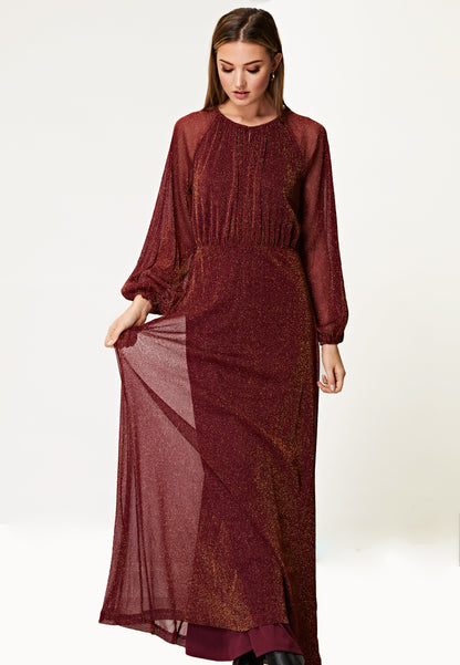 Long Sleeve Chiffon Maxi Dress Gold Lurex Flecking in Burgundy - ANGELEYE