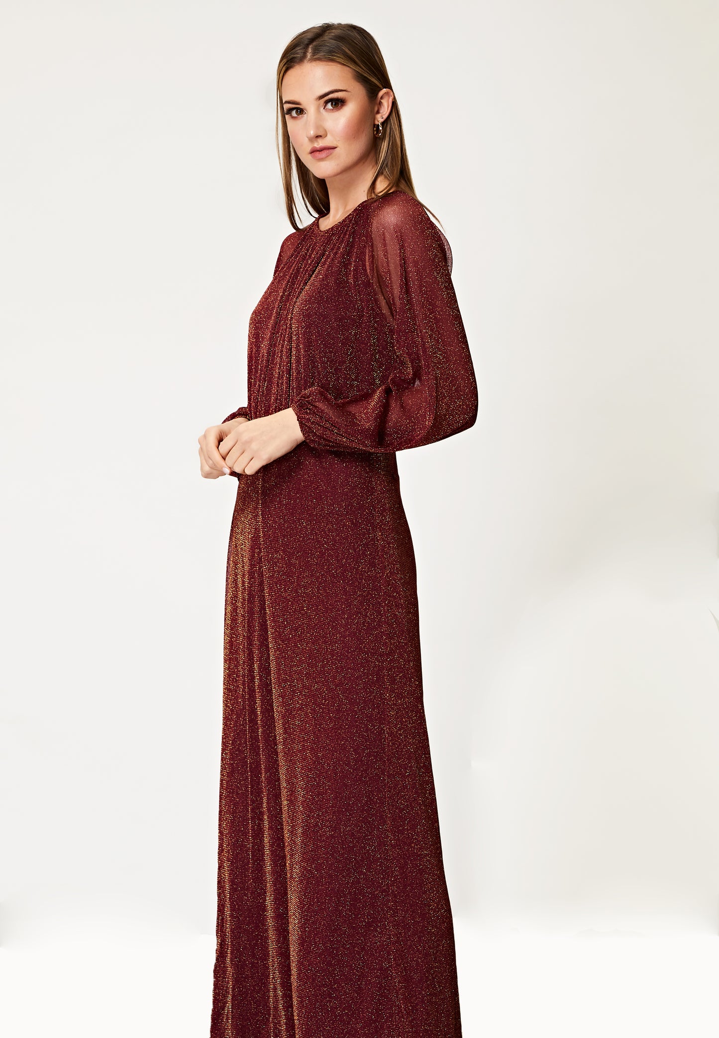 Long Sleeve Chiffon Maxi Dress Gold Lurex Flecking in Burgundy