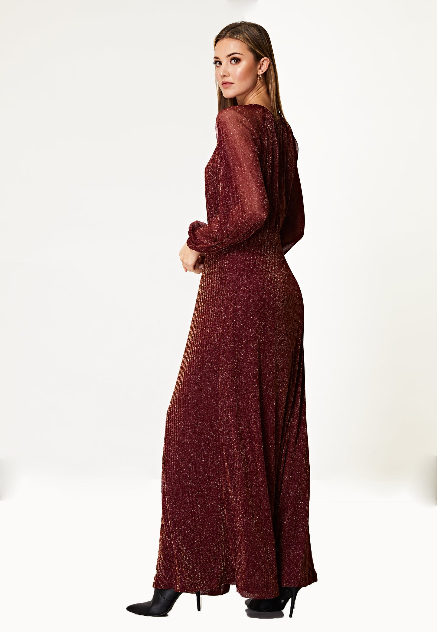 Long Sleeve Chiffon Maxi Dress Gold Lurex Flecking in Burgundy - ANGELEYE