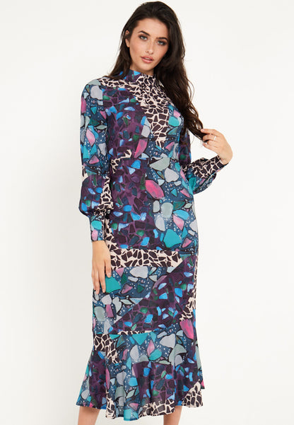 High Neck Long Tea Satin Dress in Multi Print - ANGELEYE