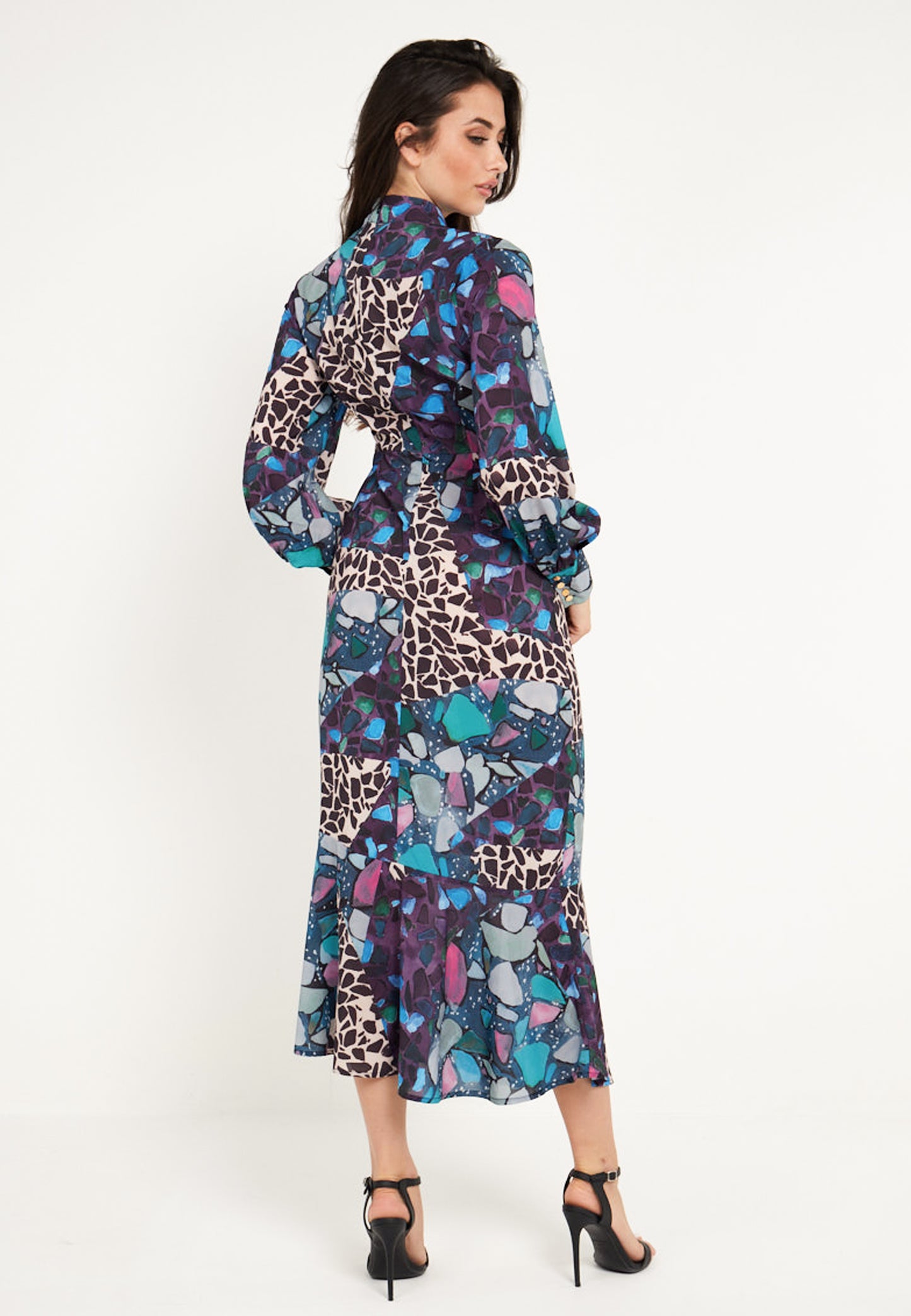 High Neck Long Tea Satin Dress in Multi Print