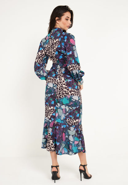 High Neck Long Tea Satin Dress in Multi Print - ANGELEYE