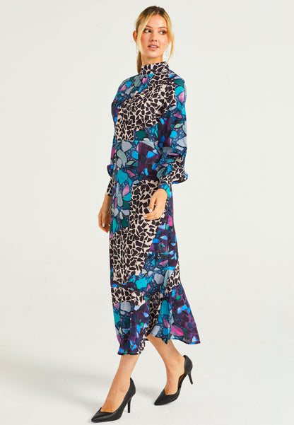 High Neck Long Tea Satin Dress in Multi Print - ANGELEYE