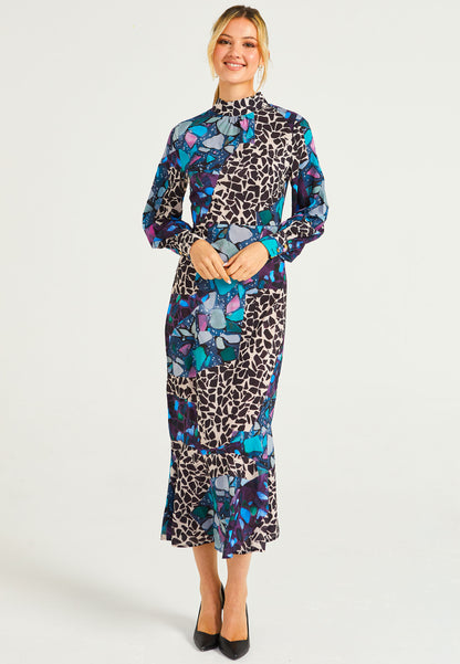 High Neck Long Tea Satin Dress in Multi Print - ANGELEYE