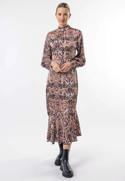 High Neck Long Tea Satin Dress in Tan Paisley Print - ANGELEYE