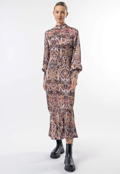 High Neck Long Tea Satin Dress in Tan Paisley Print - ANGELEYE