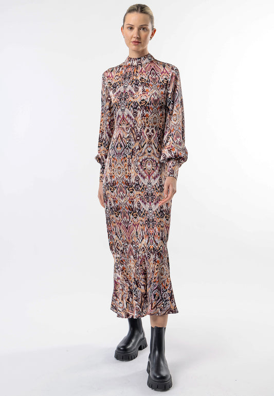 High Neck Long Tea Satin Dress in Tan Paisley Print