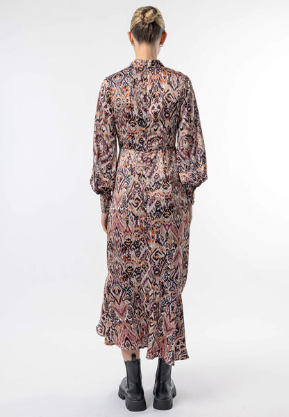 High Neck Long Tea Satin Dress in Tan Paisley Print - ANGELEYE