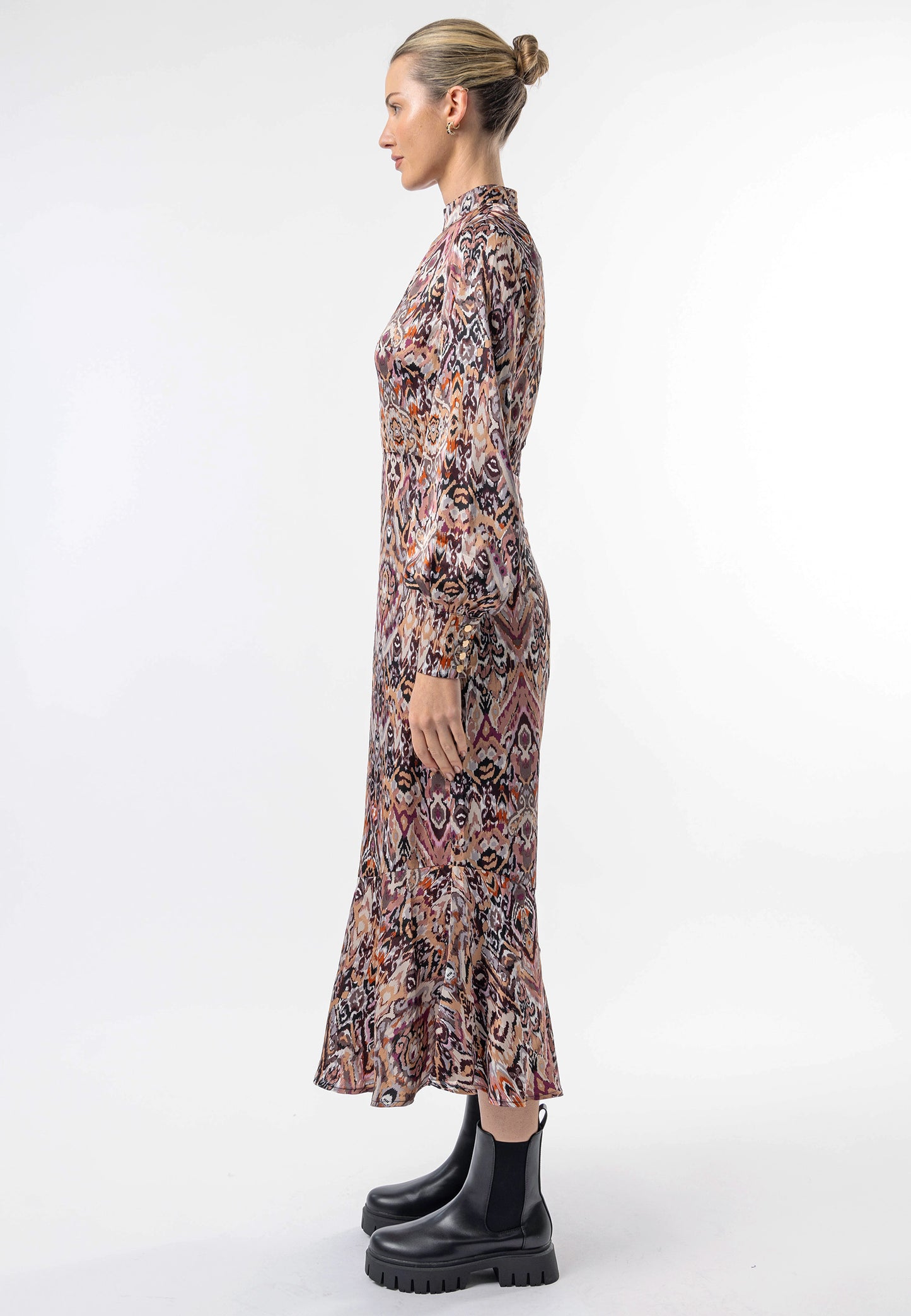 High Neck Long Tea Satin Dress in Tan Paisley Print