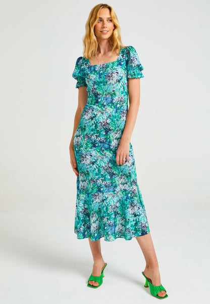 Square Neck Long Tea Dress In Tropical Print