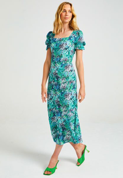 Square Neck Long Tea Dress In Tropical Print