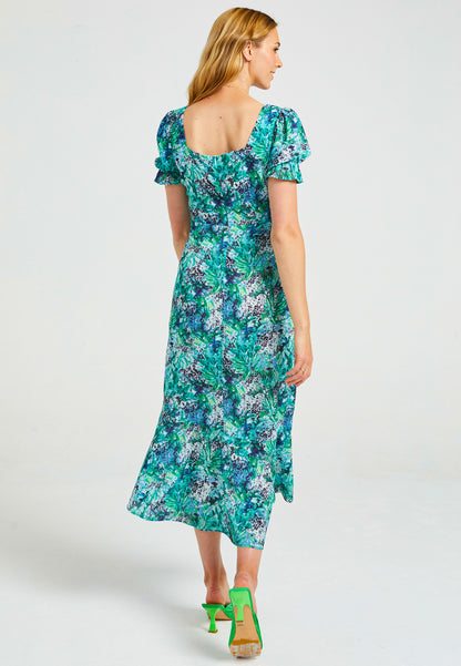 Square Neck Long Tea Dress In Tropical Print