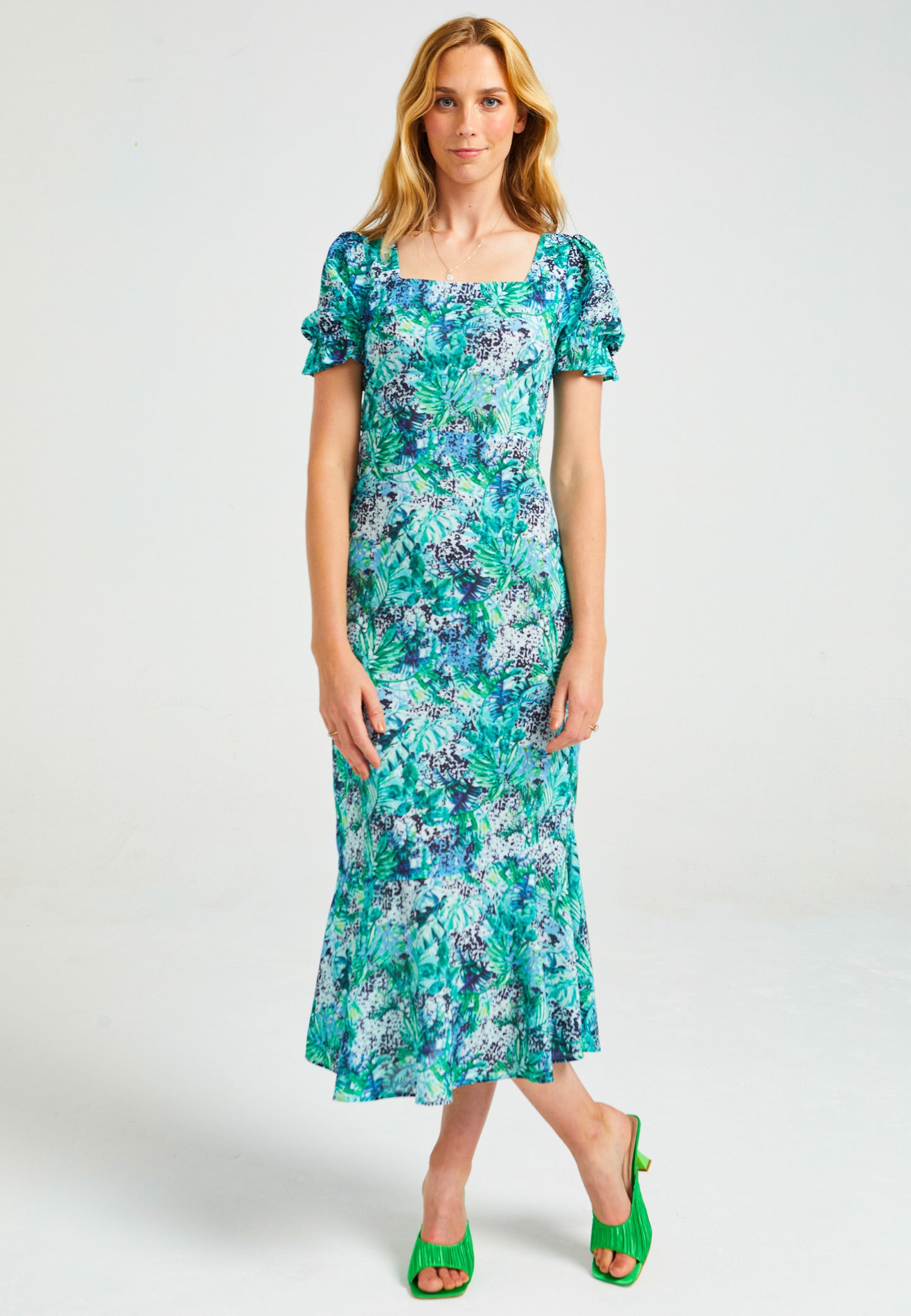 Square Neck Long Tea Dress In Tropical Print