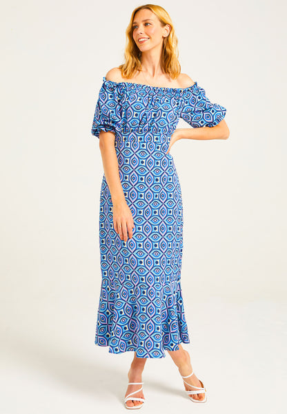 Geometric Print Midaxi Tea Dress in Blue - ANGELEYE